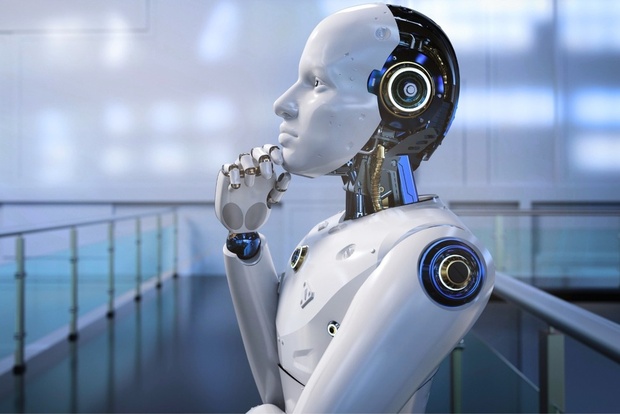 A robot holding its chin while thinking